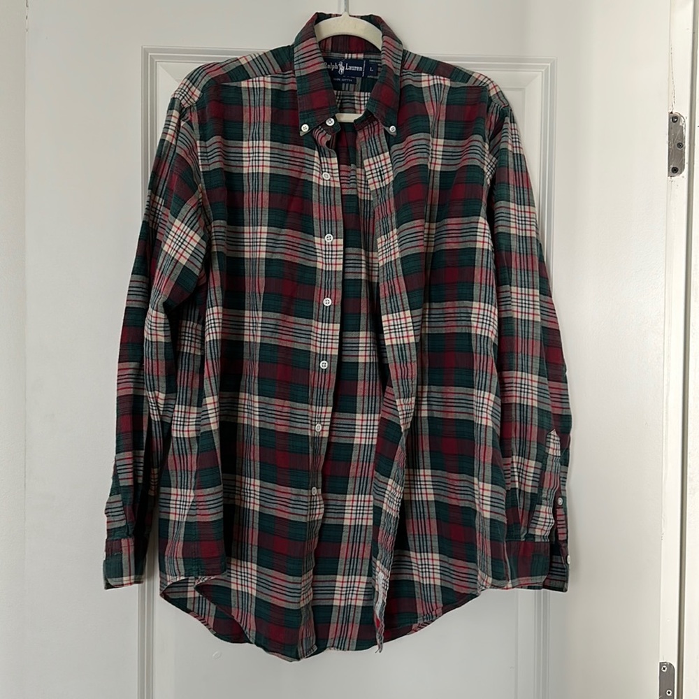 🪶 Vintage Ralph Lauren Men's Plaid Flannel Shirt Red Green Tartan Cotton L